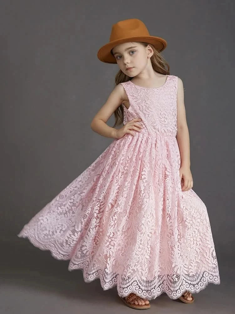 Plus Size Princess Girls Cotton Lace Party Long Dress Baby Kids Flower Girl Wedding Birthday Children Clothing 2 4  6 8 10 12 14 - M & M Global