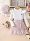 3-Piece Set: Girls' Casual Long-Sleeve Ruffled Knit T-Shirt Top + Elastic Waist Button-Decorated Skirt + Girls' Hat, Autumn and Winter Style. Girls' Fashionable Knit Pullover with Tweed-Style Short Skirt, Elegant and Ladylike
