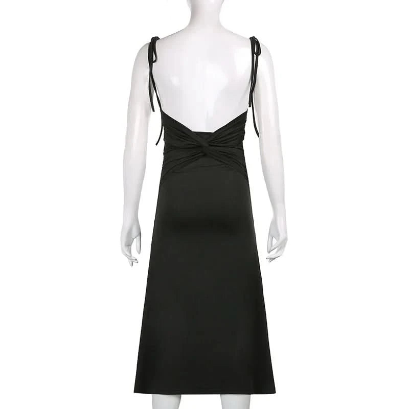 Fashion Strappy Ruched Sexy Black Dress Irregular Elegant Backless Long Dress Party Summer Dresses Women Clothes Vintage Dress - M & M Global