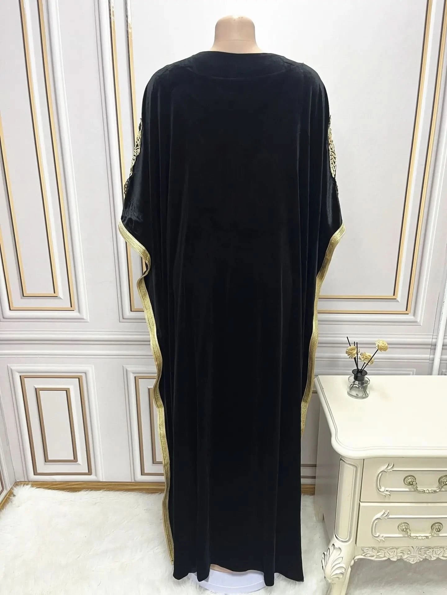 Ramadan Luxury Muslim Fashion Bat Sleeve Moroccan Turkiye Dubai Dress Middle East Arab Dress Sequins Golden Velvet Long Dress - M & M Global