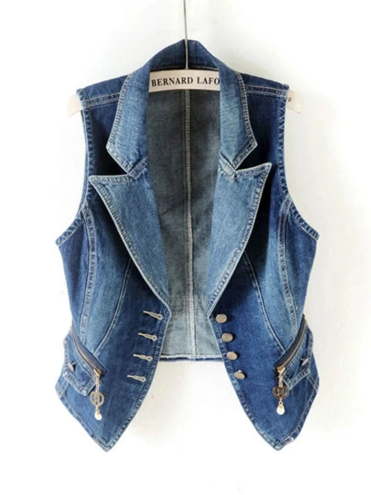 PTKPCC Casual Female Tops Women Denim Vest Jacket Spring Autumn Clothes Sleeveless Short Jeans Waistcoats Single-Breasted 5XL - M & M Global
