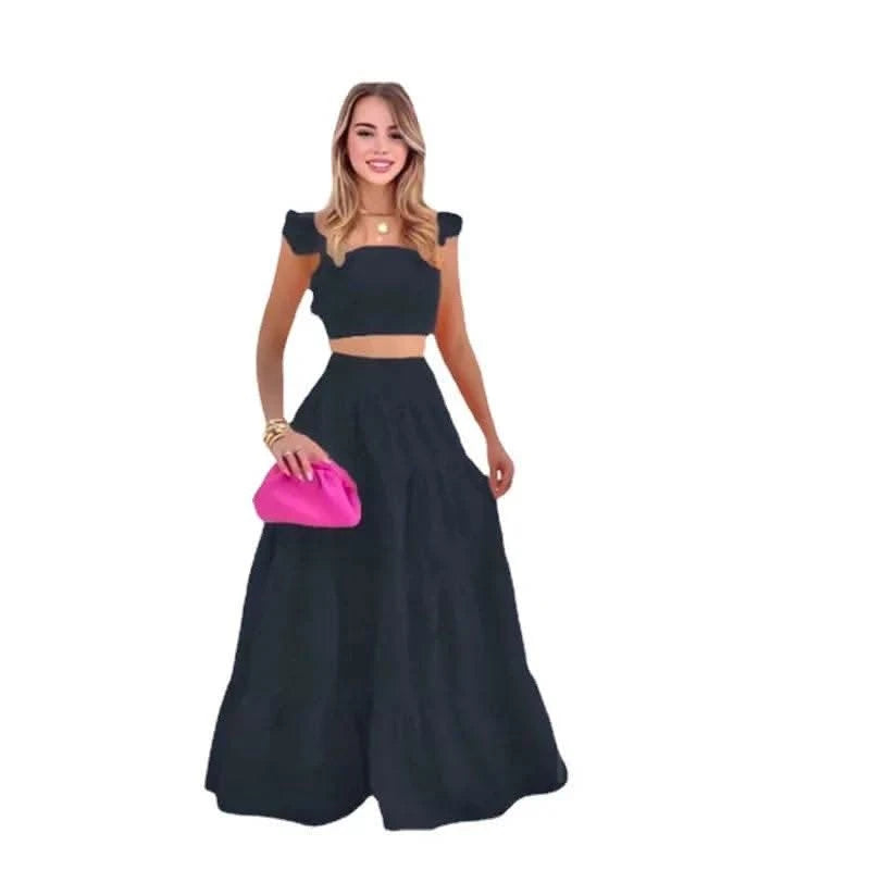 Dress Set Two-piece Women's Clothing Solid Color Sexy Suspender Large Swing Skirt Short Sleeved Square Neck Top Summer Outfits - M & M Global
