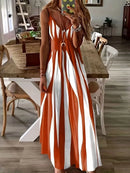 Large size positioning printed spring/summer new V-neck long dress dress - M & M Global