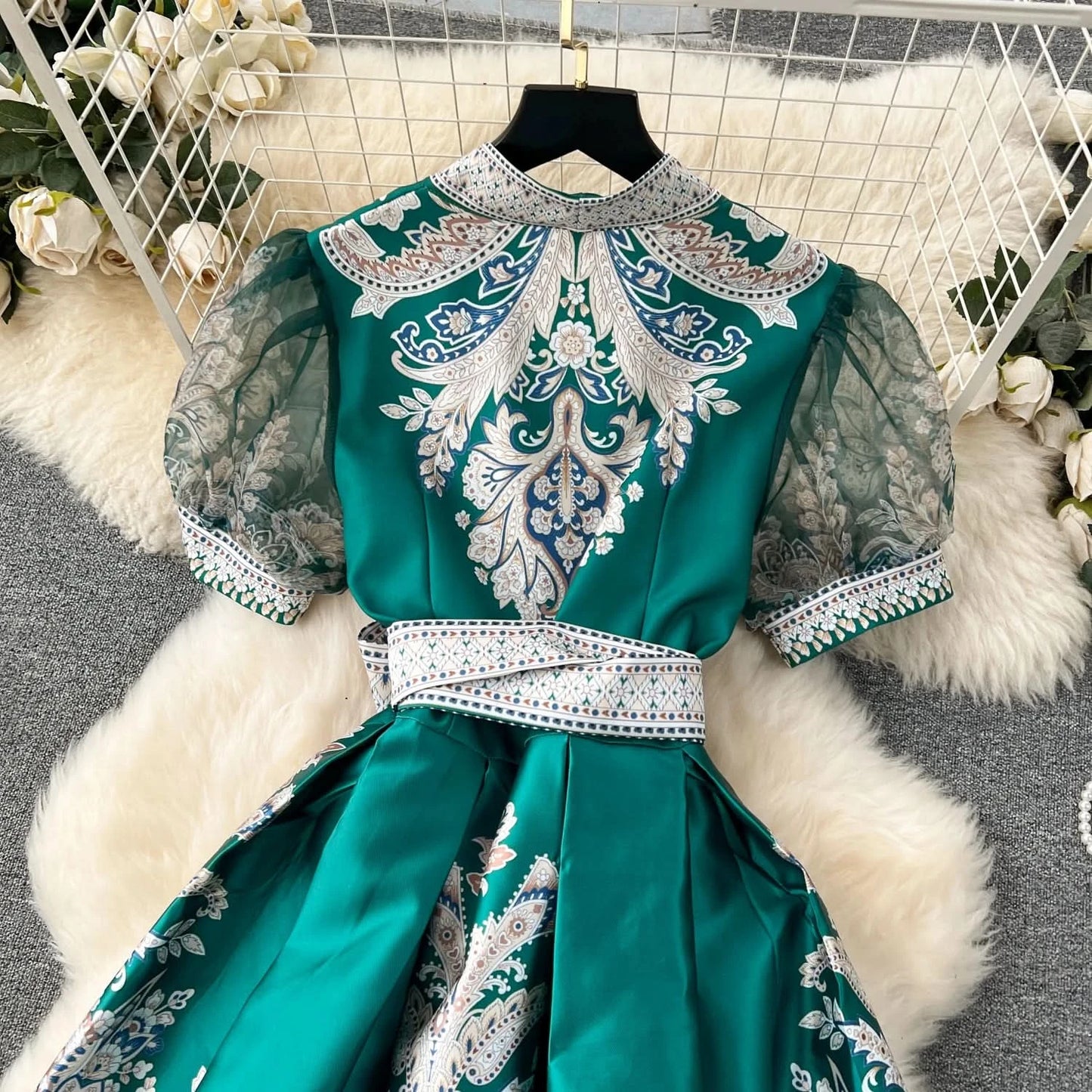Summer Bohemian Paisley Print Long Dress Women V-Neck Short Puff Sleeve Vintage Print Bandage Lace Up Robe Vestidos Clothes 6237 - M & M Global