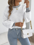 Autumn Winter Causal Round Neck Striped Sweaters Woman 2025 Lantern Long Sleeve Knitted Pullover White Red Khaki Women Clothes