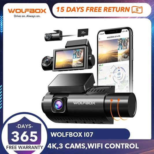 WOLFBOX I07 Dash  Cam 3 Channel Dash Camera for Car Front and Rear 4K Dash Camera with GPS WiFi Car Dvr for 170 FOV WDR - M & M Global