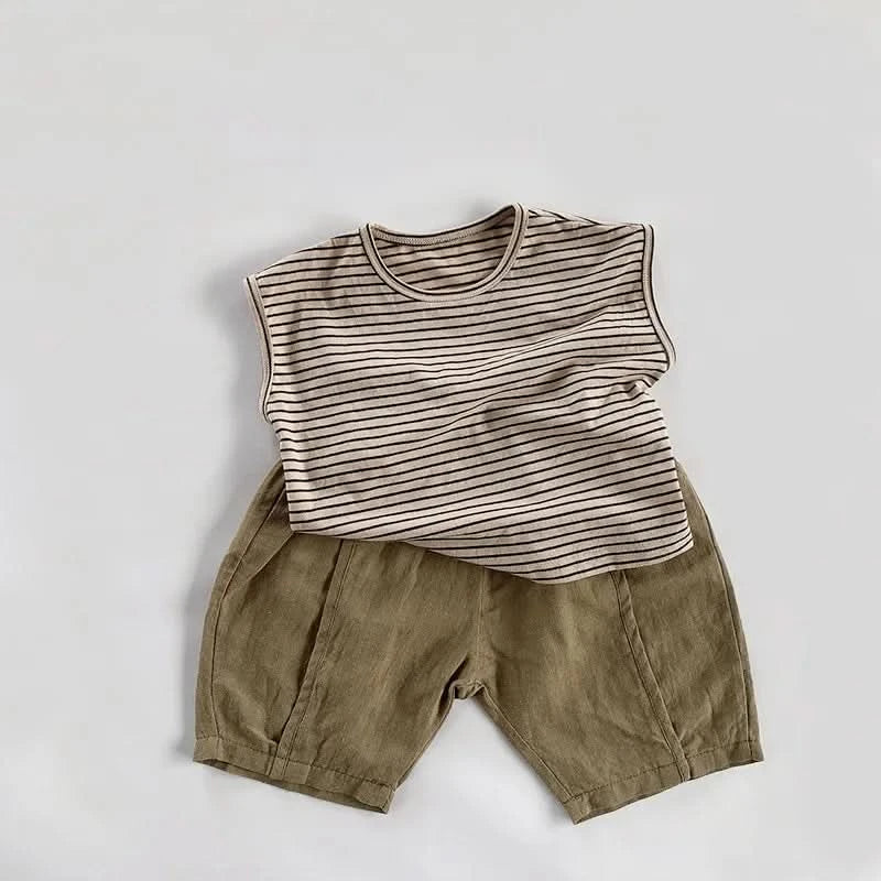 Summer Children Slub Cotton T Shirts Korean Fashion Toddler Kids Sleeveless Striped T-Shirts Baby Boys Casual Tank Tops 4 5 6 7Y - M & M Global