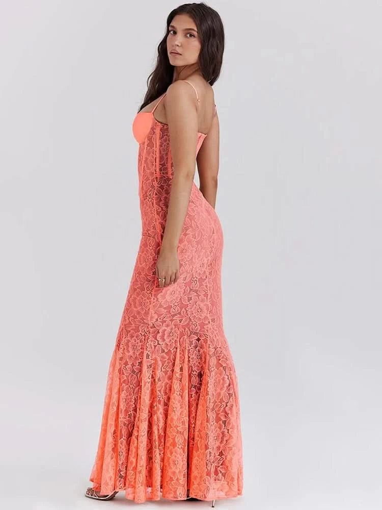 Mozision Floral Lace Sexy Maxi Dress For Women Orange Spaghetti Strap Sleeveless Backless Bodycon Club Party Long Dress Elegant - M & M Global