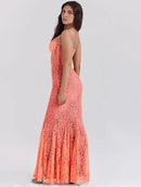 Mozision Floral Lace Sexy Maxi Dress For Women Orange Spaghetti Strap Sleeveless Backless Bodycon Club Party Long Dress Elegant - M & M Global