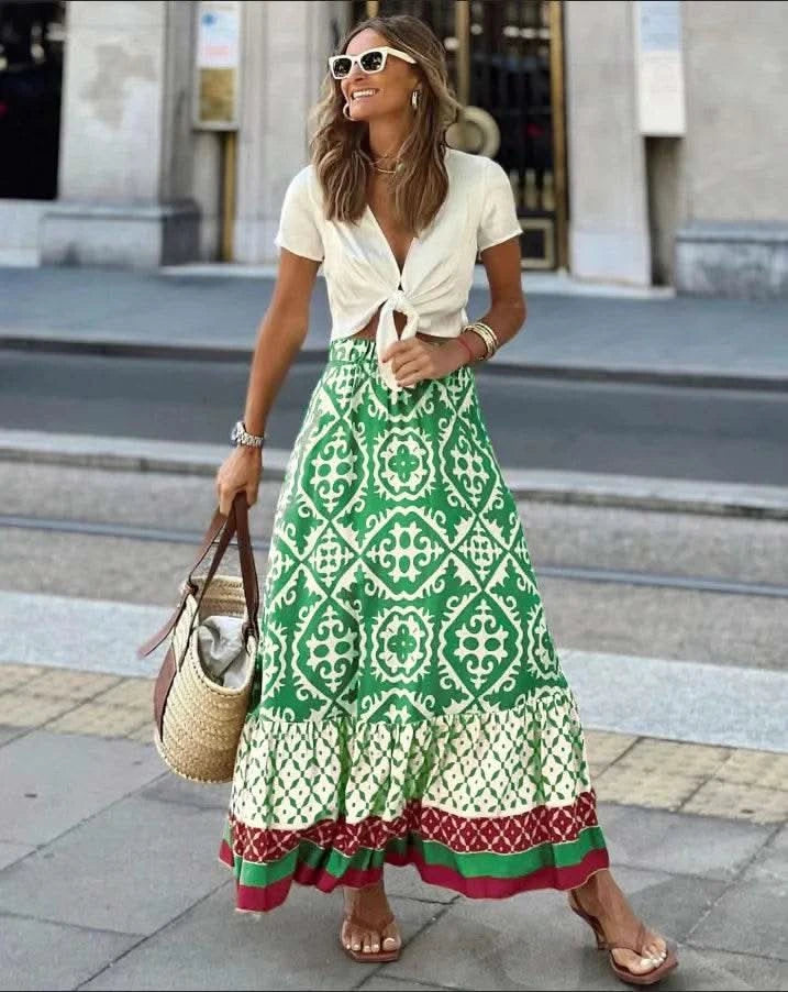 boho print maxi skirt women fashion high waist 3D printting long dress casual loose summer high waist skirts for women 2024 - M & M Global