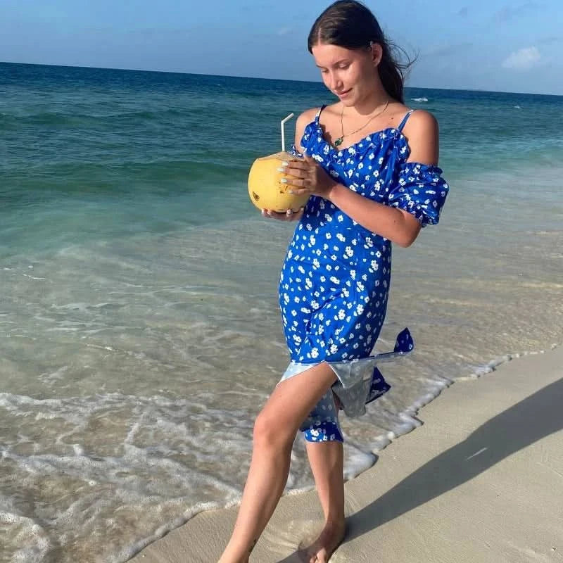 Women Elegant Off Shoulder V Neck Long Dress Sexy Sling Ruffle Strapless Slit Party Dress Spring Floral Print Slim Dress 21764 - M & M Global