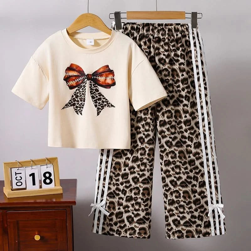 Children Clothing Sets Beige Bow Printed T-shirt & Striped Leopard Pants Trendy Girls Outfit Summer Clothing Sets 8-12 Kids Suit - M & M Global