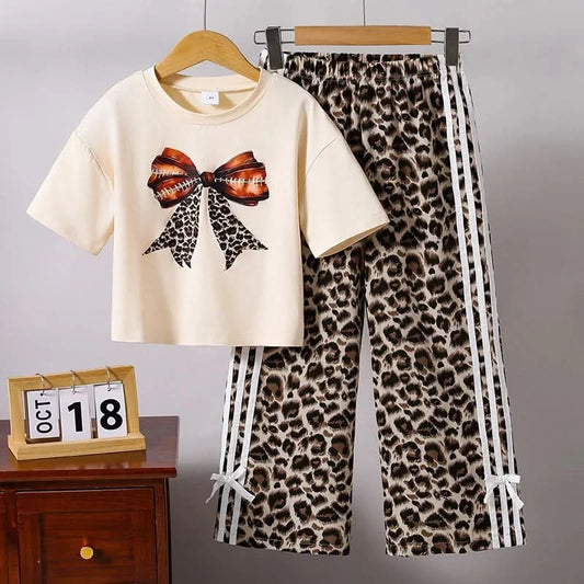 Children Clothing Sets Beige Bow Printed T-shirt & Striped Leopard Pants Trendy Girls Outfit Summer Clothing Sets 8-12 Kids Suit - M & M Global