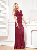 Luxury Floor Length V-Neck Evening Dresses Women Elegant Wedding Party Sequins Short Sleeves Prom Floor-Lenght Cocktail Gowns
