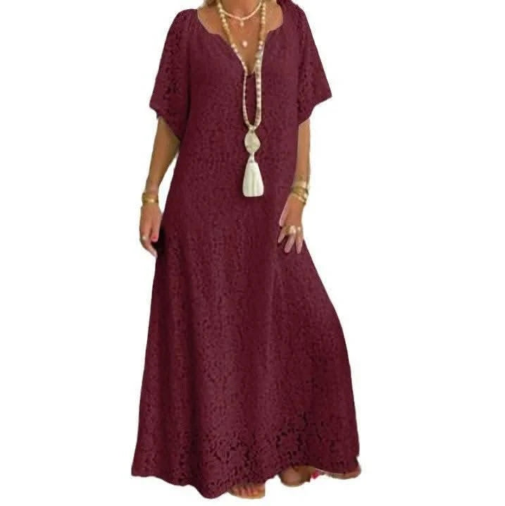 2025 Spring Lace Women Long Dress White V-neck A-line Elegant Dresses Female Summer New Fashion Casual Beach Cloths Ladies - M & M Global