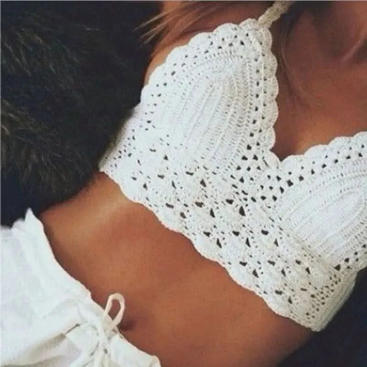 Sexy Style Hand Crochet Solid Color Bikini Beachwear Women Beach Holiday Hollow Out Tie Up Swimsuit Sun Bathing Clothes - M & M Global