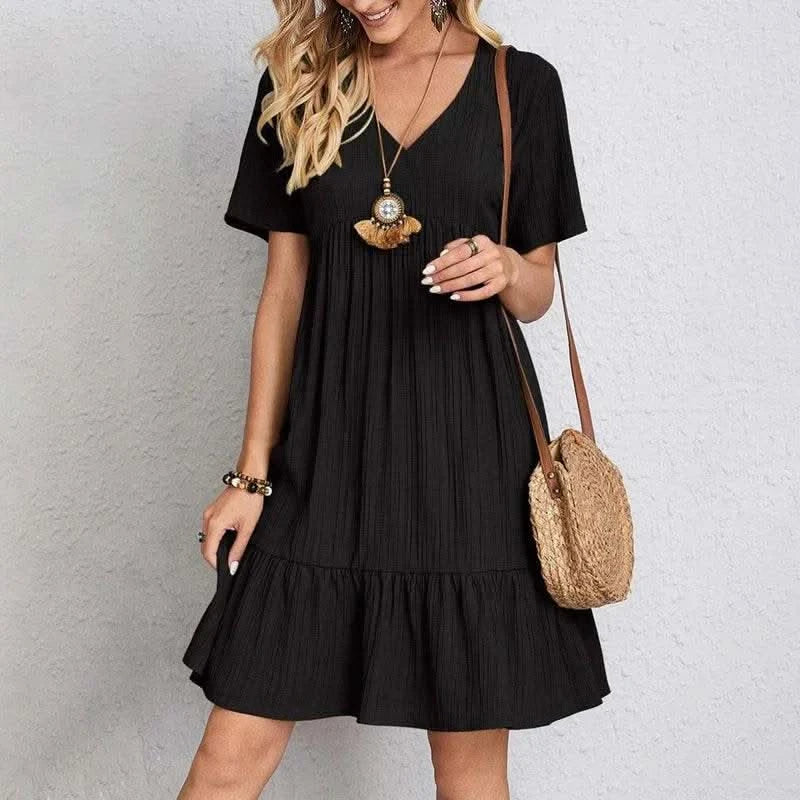 2025 Loose V-neck Short Sleeved Pleated Women Dress Solid Color A-line Beach Dresses Elegant Simple Comfortable Woman Clothing - M & M Global