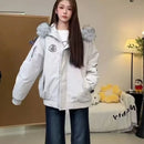 American New Winter Unisex Oversized Fur Trim Hooded Padded Coat Navy Blue Preppy Emblem Warm Casual Fashion Jacket