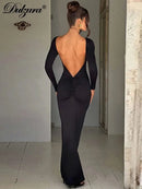 Dulzura O-Neck Long Sleeves Ruched Backless Maxi Dress Solid Sexy Elegant Long Dress Women’S Party Prom Clubwear Autumn Winter - M & M Global