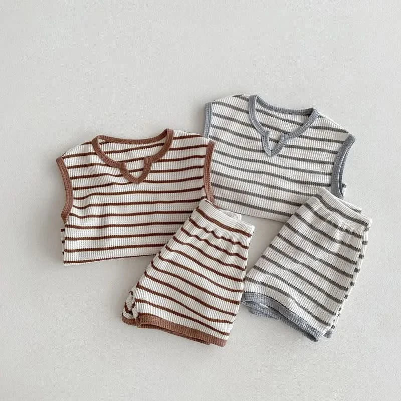 Summer baby clothes 0-5T solid color boys striped sleeveless T-shirt shorts set breathable girls vest short sleeved shorts set - M & M Global
