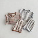 Summer baby clothes 0-5T solid color boys striped sleeveless T-shirt shorts set breathable girls vest short sleeved shorts set - M & M Global