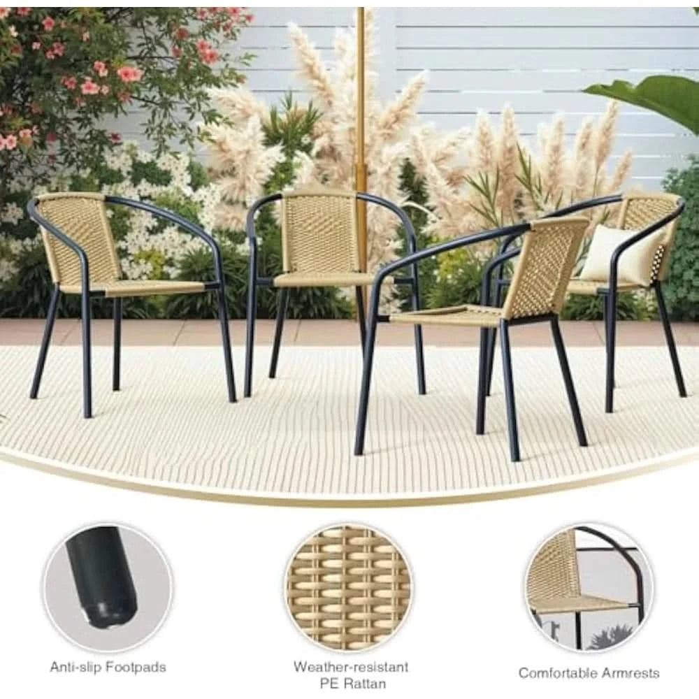 4 Pack Patio Stackable Rattan Chairs, Indoor-Outdoor Restaurant Wicker Dining All-Weather Armchair Stack Chair (Beige)