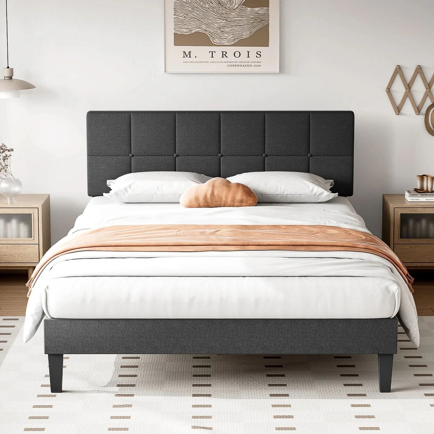 JHK Queen Bed Frame with Headboard No Box Spring Needed Linen Upholstered Wooden Platform Bed Frame with Wood Slats Support