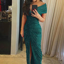 Cocktail Luxury Long Dress Sexy Women V Neck Folds Bodycon Evening Dress Elegant Glitter Off Shoulder High Split Party Dress