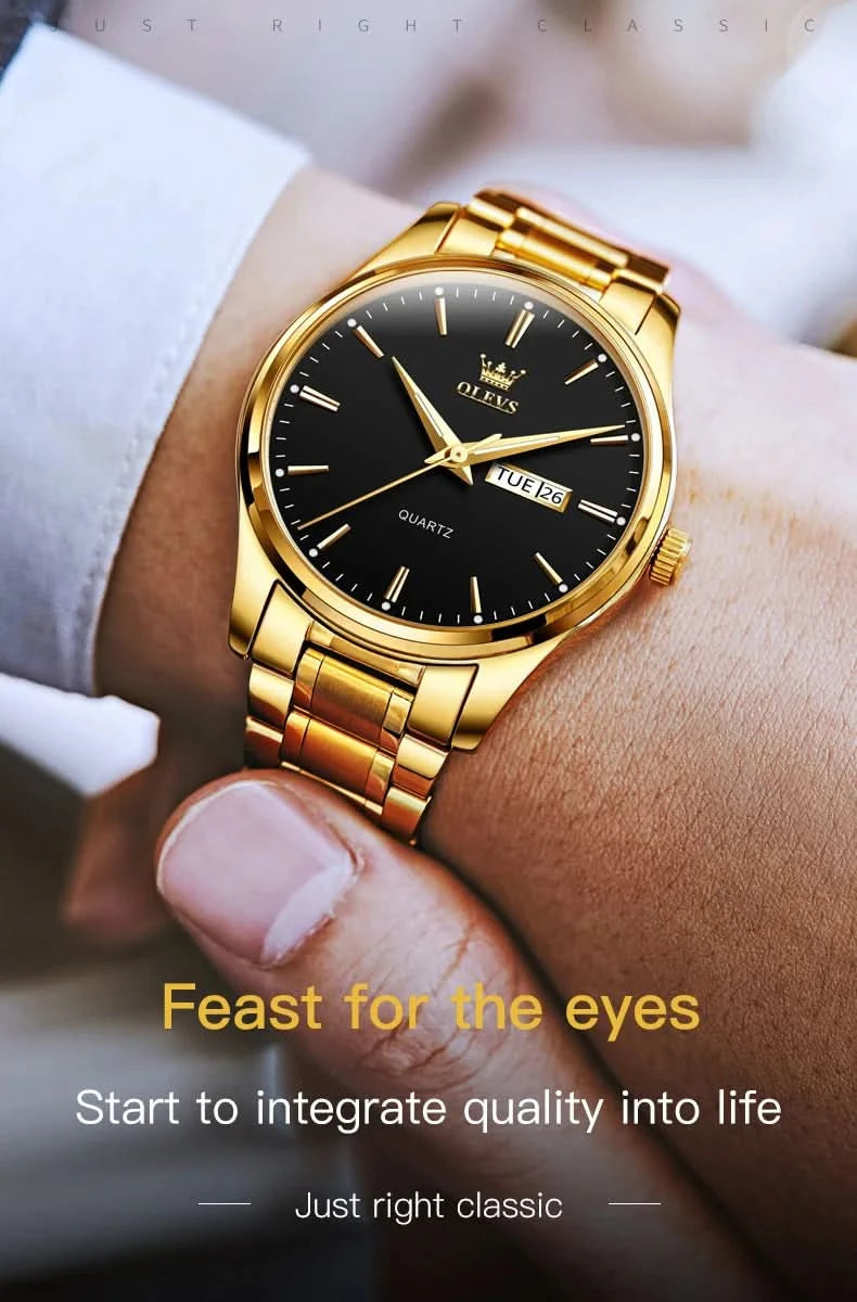 OLEVS Men Watches Waterproof Stainless Steel Quartz Male Wristwatch Gold Watch Fashion Luminous Luxury Calendar Business Clock - M & M Global