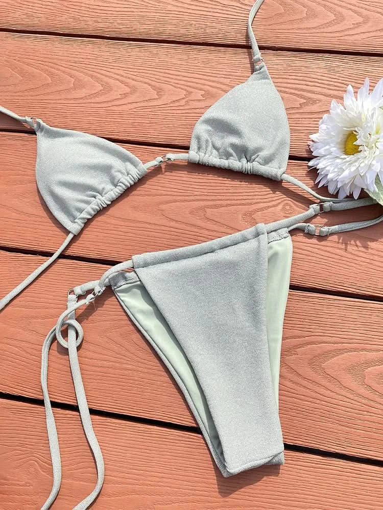 Solid Color Bikini Set Shiny Swimwear Women Shiny Swimsuit Bandage Bikinis Micro Thong Biquini Brazilian Beachwear - M & M Global