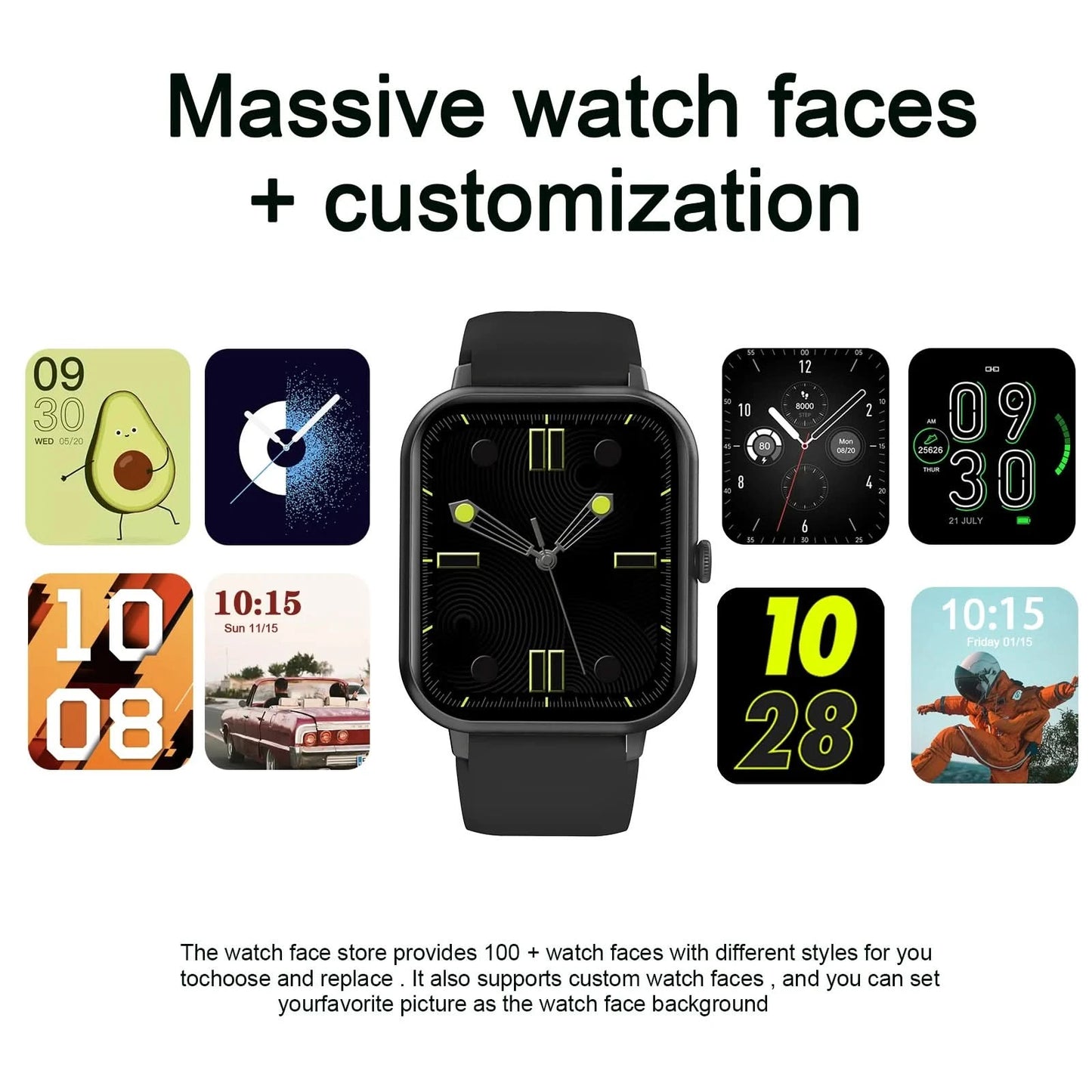 Smart watch, multi-sport mode, call reminder, message reminder, custom wallpaper, compatible with iPhone/Android