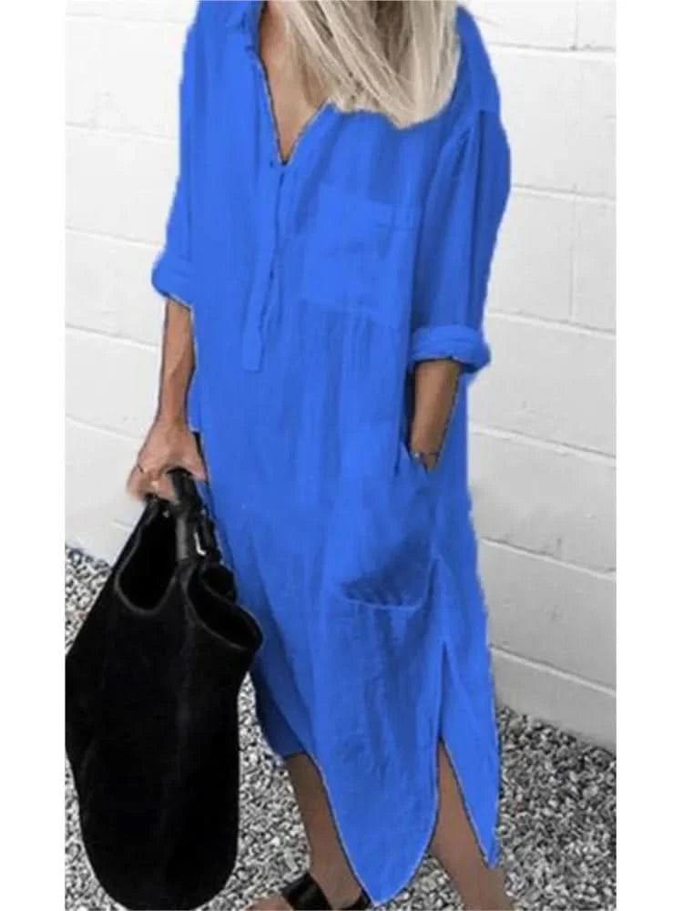 Spring Summer Women's Solid Color Loose Split Shirt Midi Dress Elegant Casual Button Pocket V-Neck Long Sleeve Long Dress 2024 - M & M Global