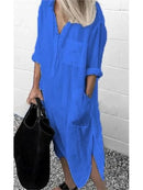 Spring Summer Women's Solid Color Loose Split Shirt Midi Dress Elegant Casual Button Pocket V-Neck Long Sleeve Long Dress 2024 - M & M Global