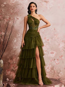 Luxury Skew-shouldered Fishbone Applique Cake Dress Elegant Tulle Slit Formal Evening Dresses Elegant Backless Party Gowns