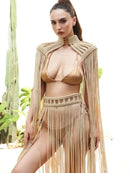 Leosoxs Tassel Hand Crochet Knitted Women Bikini Cover Ups Summer Holiday Beach Bathing Suit Sexy Hollow Out Skirts Matching Set - M & M Global