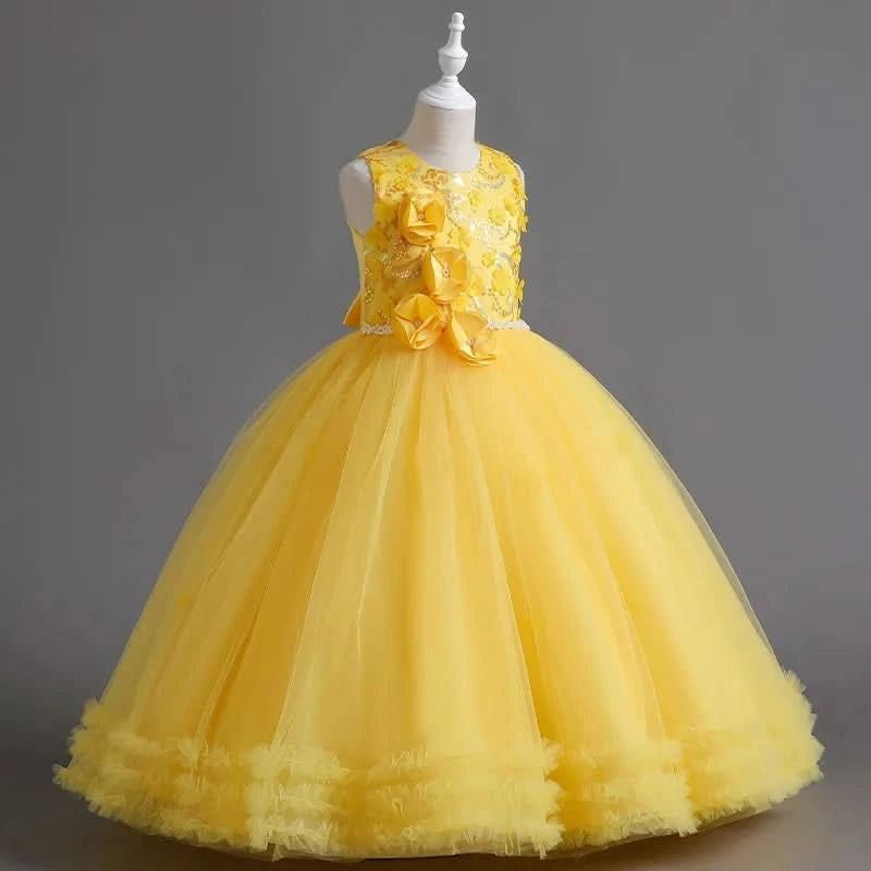 Girls' Sequin Pearl Princess Dress 5-14 Years Old Flower Decal Sleeveless Temperament Long Dress Halloween Banquet Fashion Dress - M & M Global