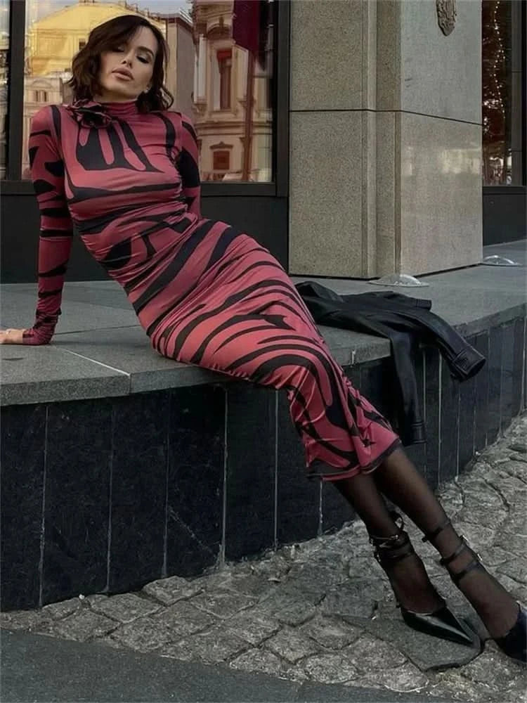 Print Leopard Print Slim Long Dress Women's Fashion Long Sleeve Sexy Party Dress Summer Street Leopard Print Long Dress 2024 New - M & M Global