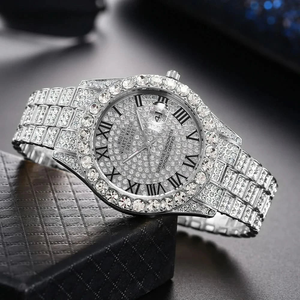 Hip Hop Iced Out Men Watch Full AAA Rhinestone Around Luxury Quartz Watches Round Clock Unisex Wrist Watch Gift For Boyfriend - M & M Global