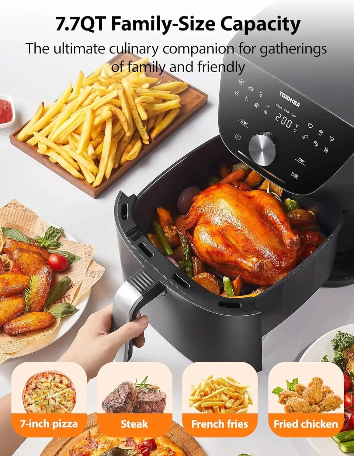7.7QT Air Fryer, Family-Size for Quick and Easy Meals, 12 Preset Menus and Menu-IQ Function, 1°F Precision, 90% less fat, Double - M & M Global