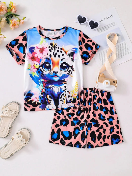 Summer 2-piece set of cute cartoon leopard casual children's clothing for girls, mixed color 4-8Y thin, cool and breathable - M & M Global