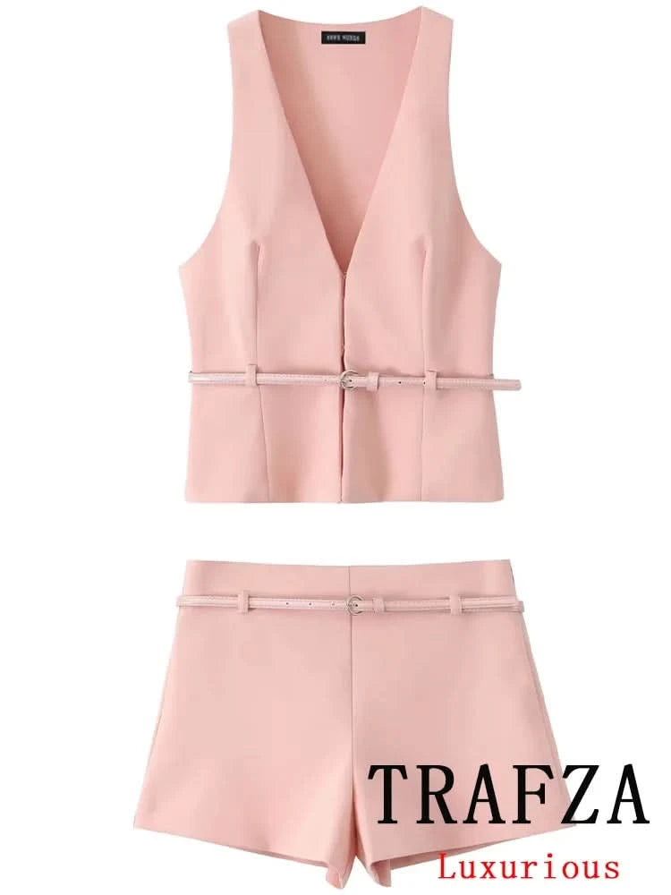 TRAFZA Vintage Chic Solid Women Suit V Neck Sleeveless Sashes Vest Blazer Straight Shorts New Fashion 2025 Summer Office Sets - M & M Global