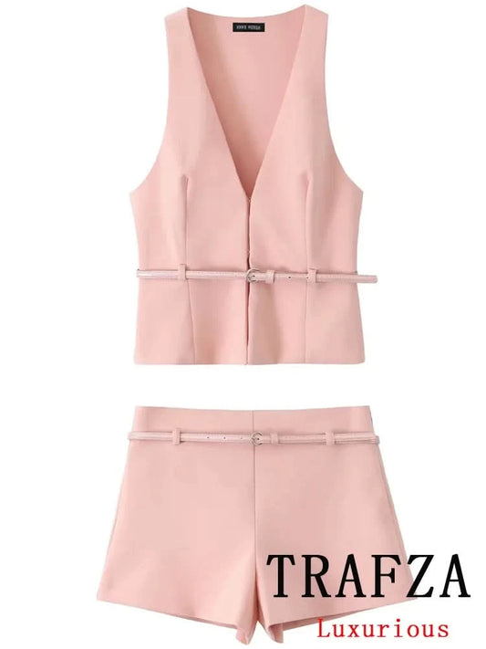 TRAFZA Vintage Chic Solid Women Suit V Neck Sleeveless Sashes Vest Blazer Straight Shorts New Fashion 2025 Summer Office Sets - M & M Global