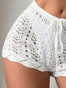 Polyester100.00% Hollow Drawstring Open Waist Knitted Bikini Blocked Women's Shorts - M & M Global
