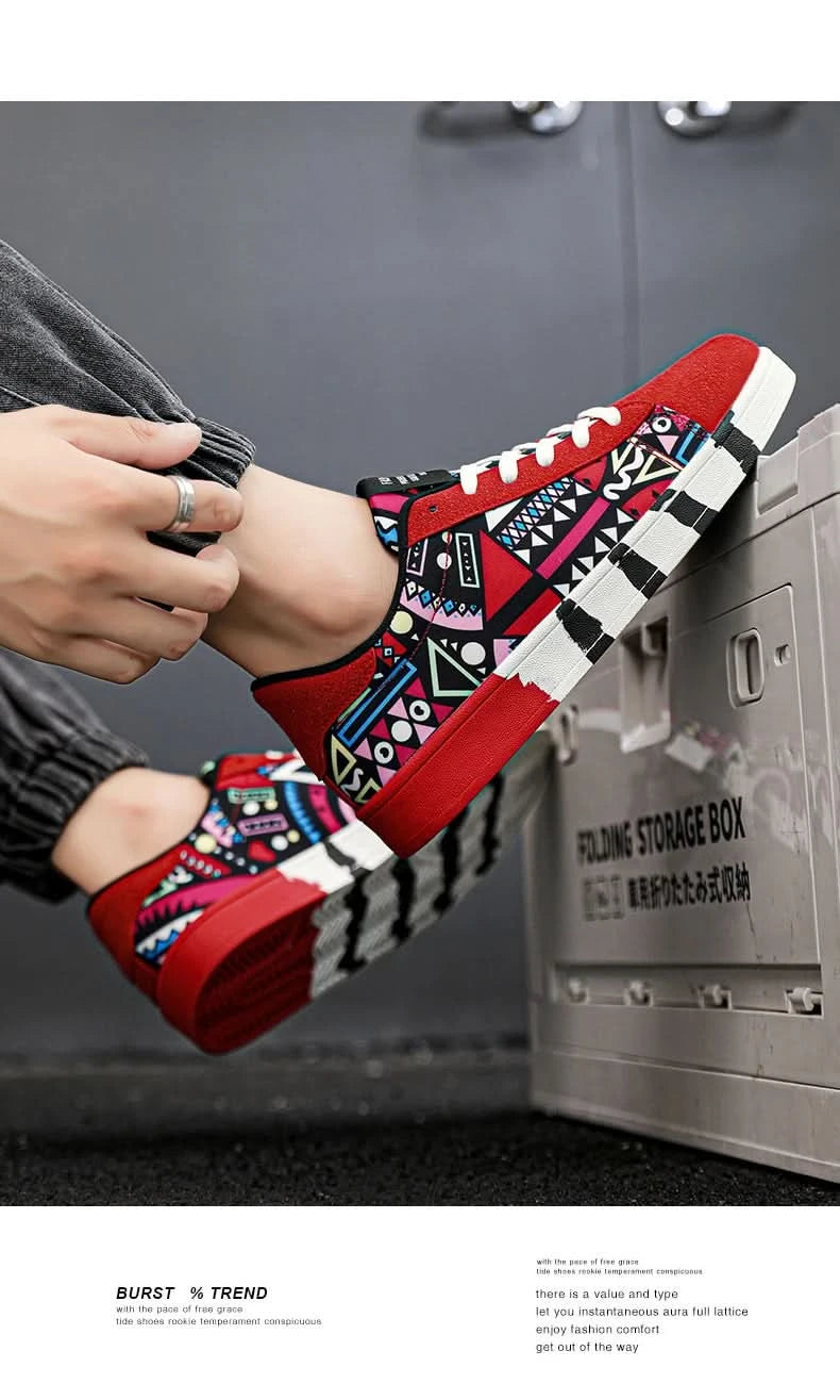 YRZL Men's Sports Running Shoes Canvas Geometric Style Lace-Up Sneakers Couples' Fashionable Graffiti Print Skate Shoes Men - M & M Global