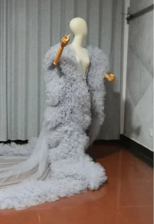 luxury Fully  long dress with ruffles cape tulle cloak Wedding attire Fashion Stage cloak custom  party prom dress - M & M Global