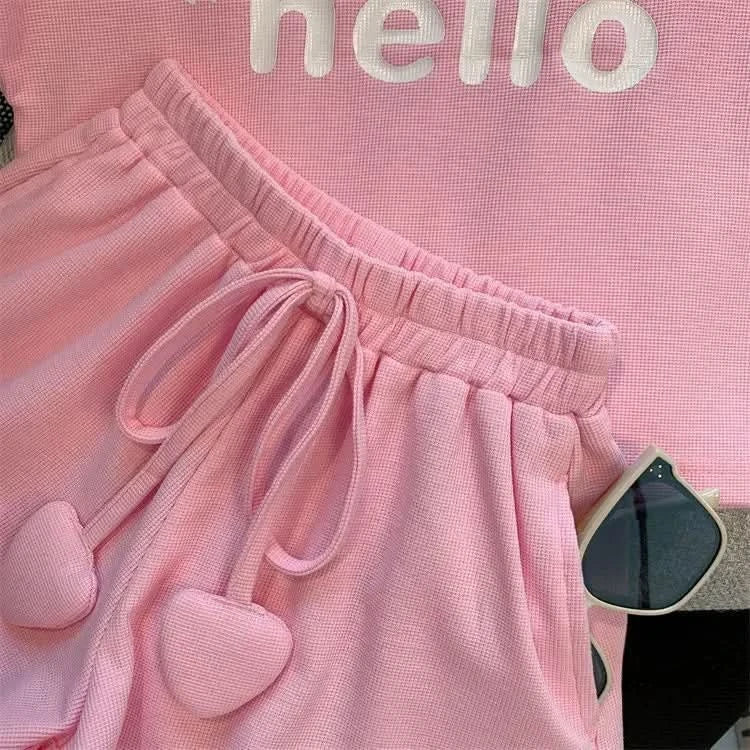 New 4 -14 Years  Summer Girls Clothing Set Letter Print Sleeveless T-shirt + Heart Shorts Pants 2pcs Suit Kids Leisure Outfit - M & M Global