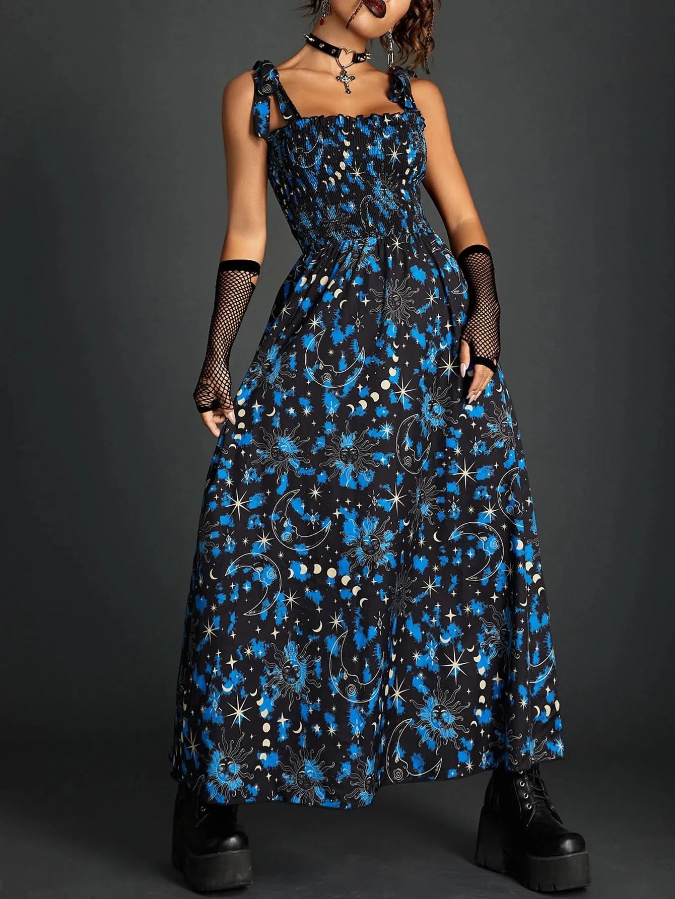 Goth Dark Fairy Grunge Y2k Aesthetic Skull Graphic Dresses Mall Gothic Shirring Lace Up Long Dress Punk A-line Slim Emo Clothing - M & M Global
