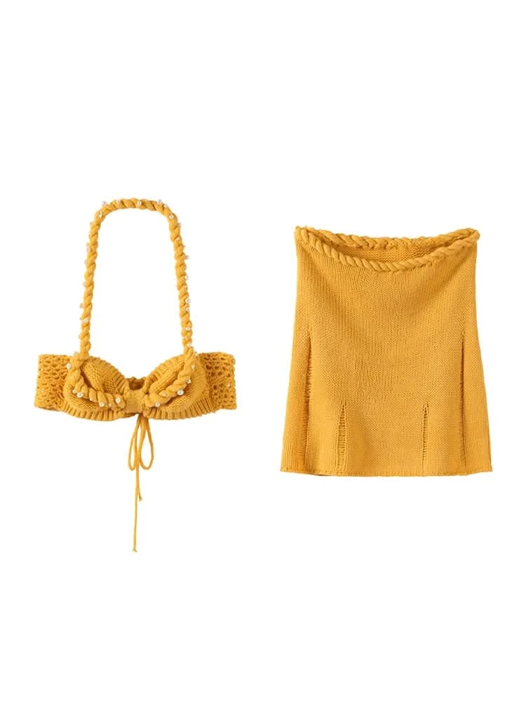 Sexy Beading Halter Bikini Mini Skirt Sets Women Backless Twist Crop Top High Waist Hip Package Skirts 2025 Spring Lady Outfit - M & M Global
