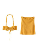 Sexy Beading Halter Bikini Mini Skirt Sets Women Backless Twist Crop Top High Waist Hip Package Skirts 2025 Spring Lady Outfit - M & M Global