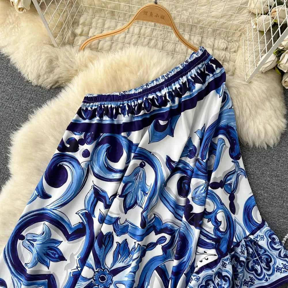 Summer Long Dress Women Runway Blue And White Porcelain Asymmetry Sexy Off The Shoulder Ruffles Hem Loose Robe Maxi Vestidos - M & M Global